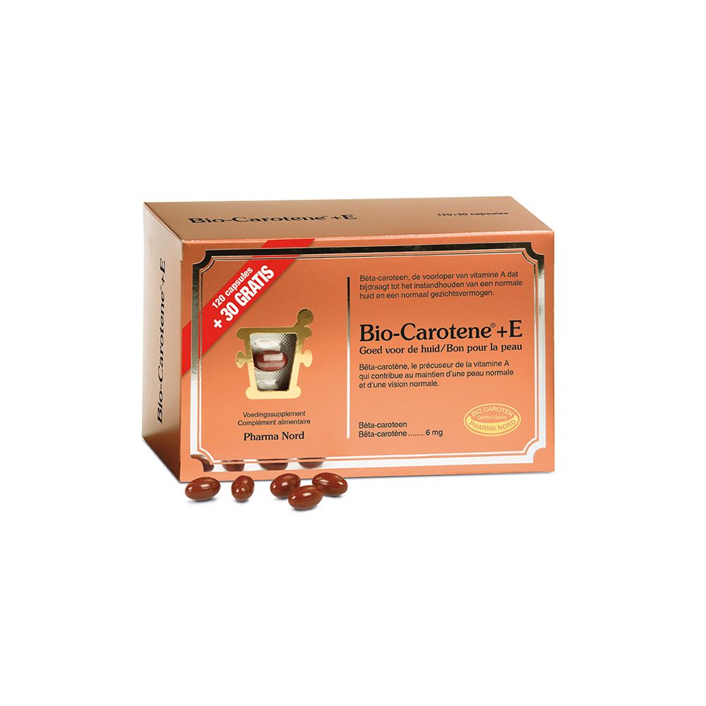 Boîte marron Bio-Carotene+E. Capsules à côté. Pharma Nord.