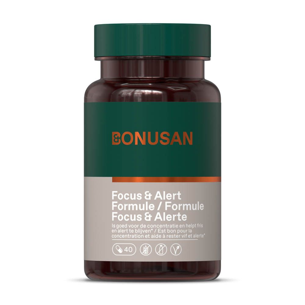 Flacon Bonusan Focus & Alert Formule. Étiquette verte et blanche. Contient 40 gélules. Bouchon vert.
