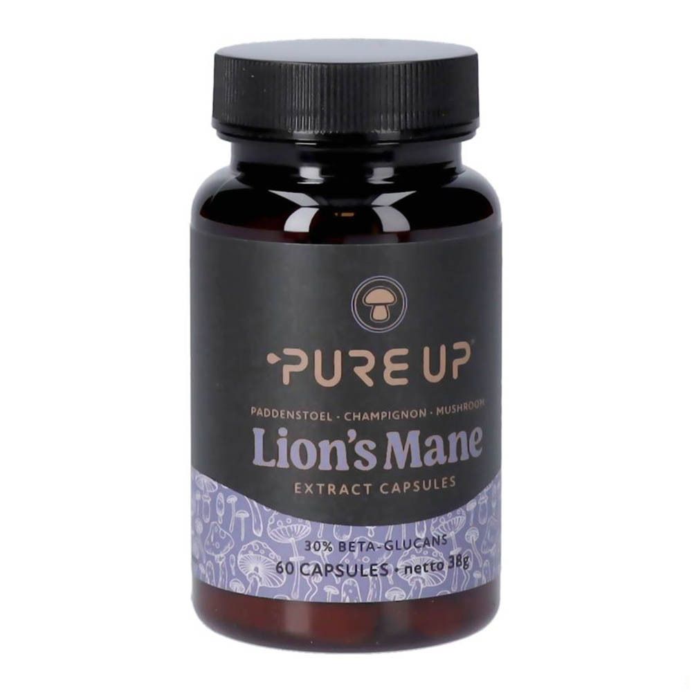 Boîte de pilules avec étiquette indiquant 'PURE UP Lion's Mane Extract Capsules' et 60 capsules.