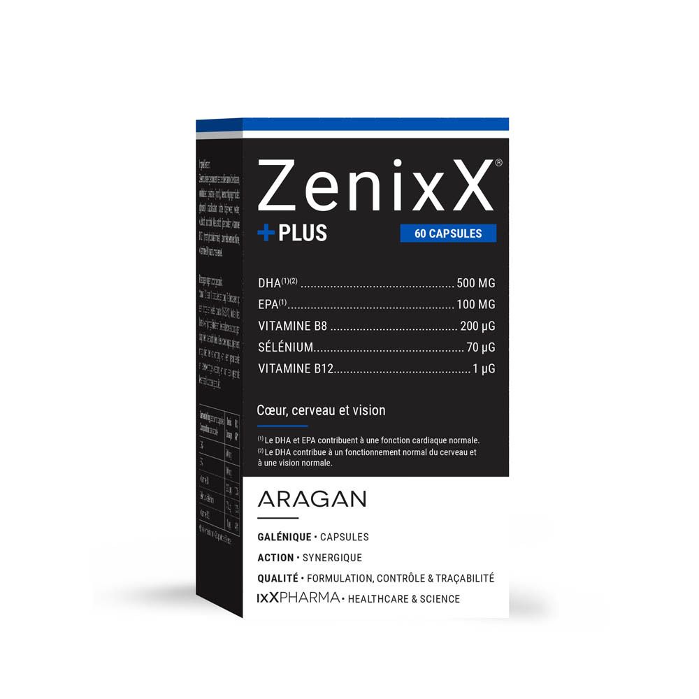 Emballage du produit avec boîte. Inscription: Zenixx PLUS, 60 capsules. Ingrédients listés.