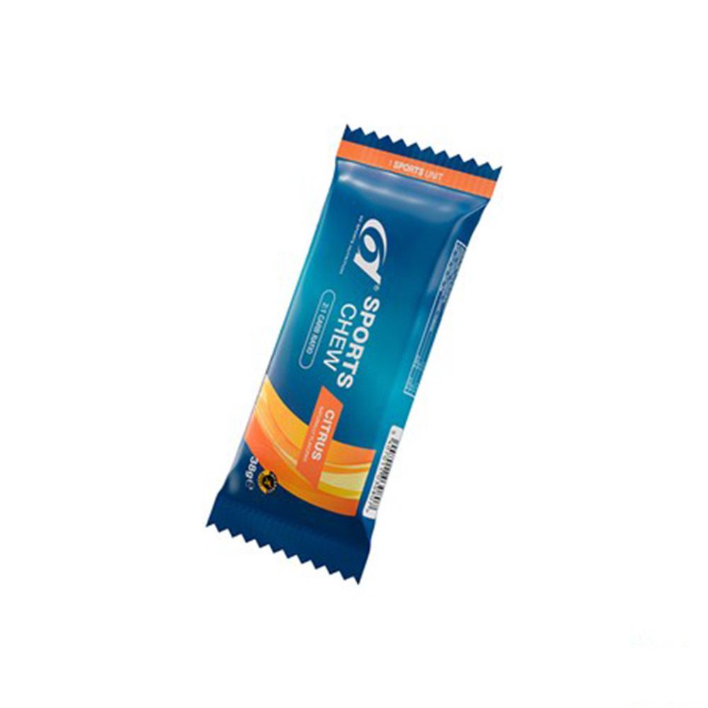 Emballage individuel bleu 6d Sports Chew Citrus. Accents orange. Nom du produit et logo visibles.