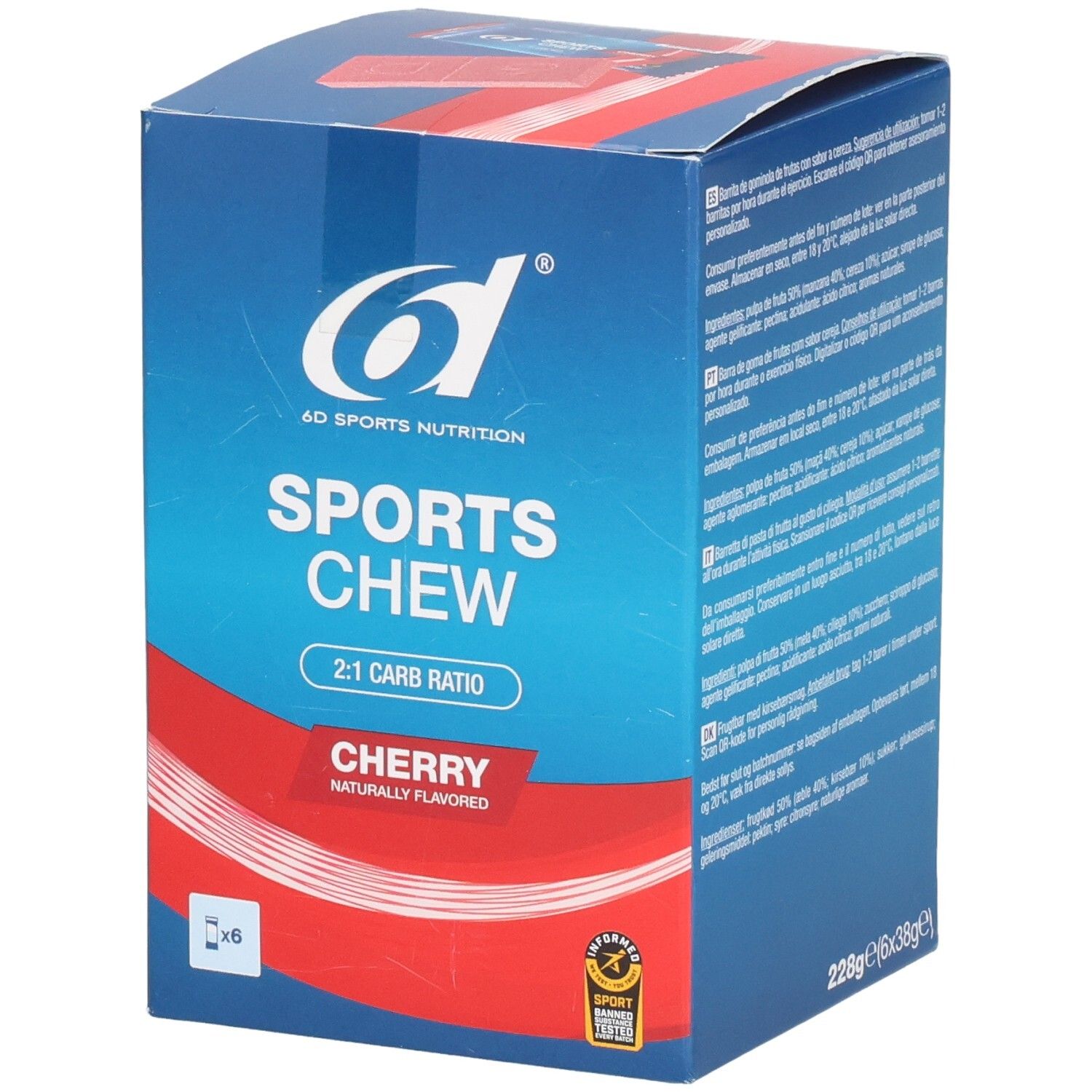 Boîte en carton bleu et rouge. Inscription: 6D SPORTS NUTRITION, SPORTS CHEW, 2:1 CARB RATIO, CHERRY. Contient 6 x 38g. Sceau.