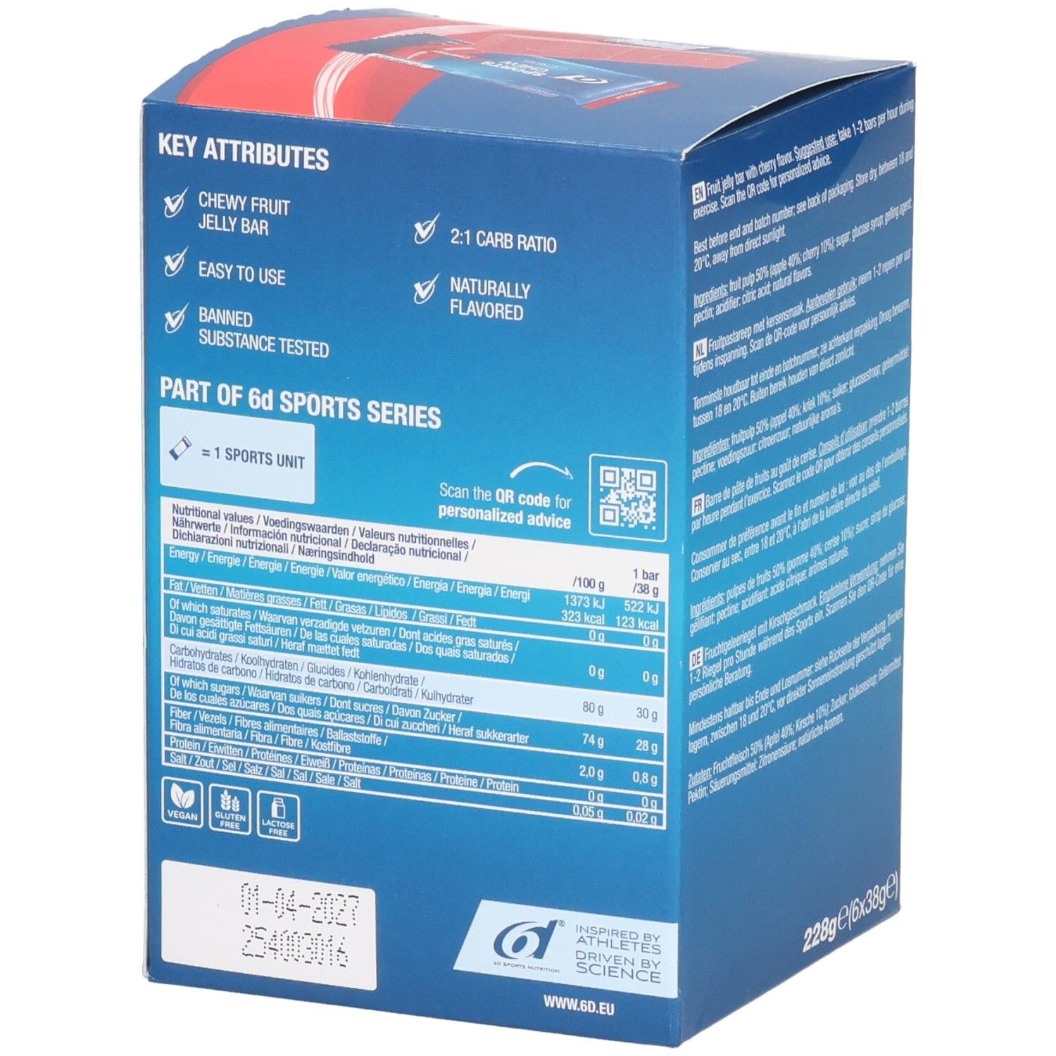 Côté de la boîte en carton. Contient les principaux attributs et les informations nutritionnelles. Code QR. Date de péremption: 01-04-2027.