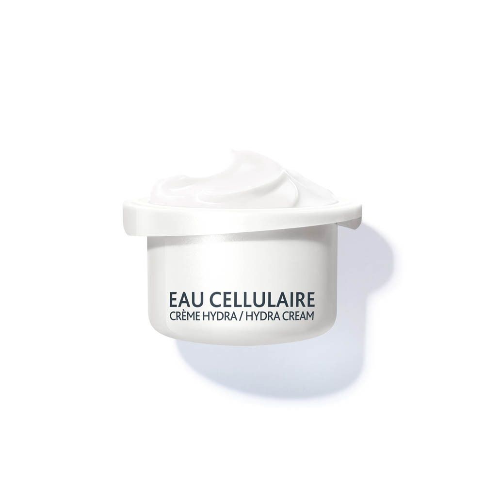 Institut Esthederm Eau Cellulaire Crème Hydra-Repulpante pot avec crème visible et inscription.