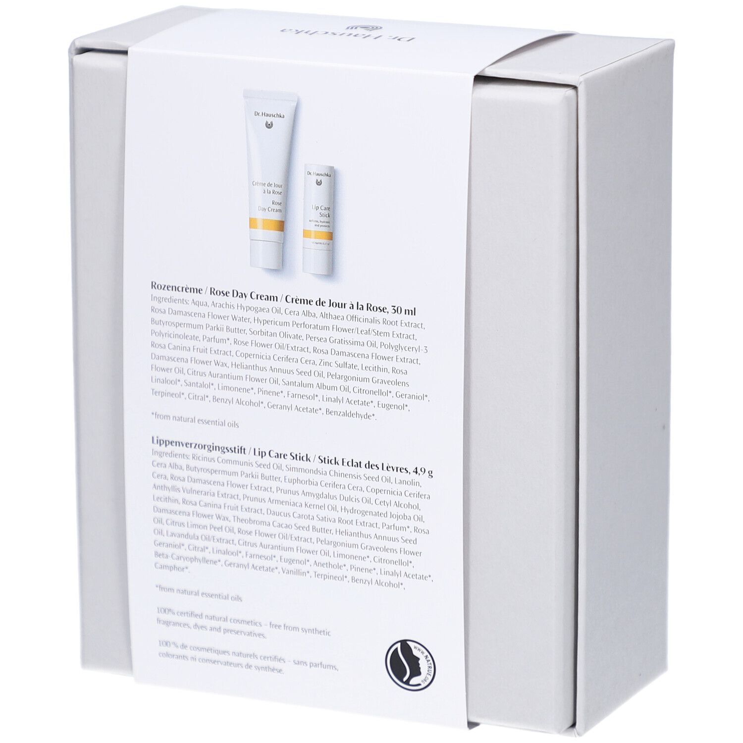 Dos de la boîte blanche. Texte avec ingrédients et certification. Deux produits illustrés.