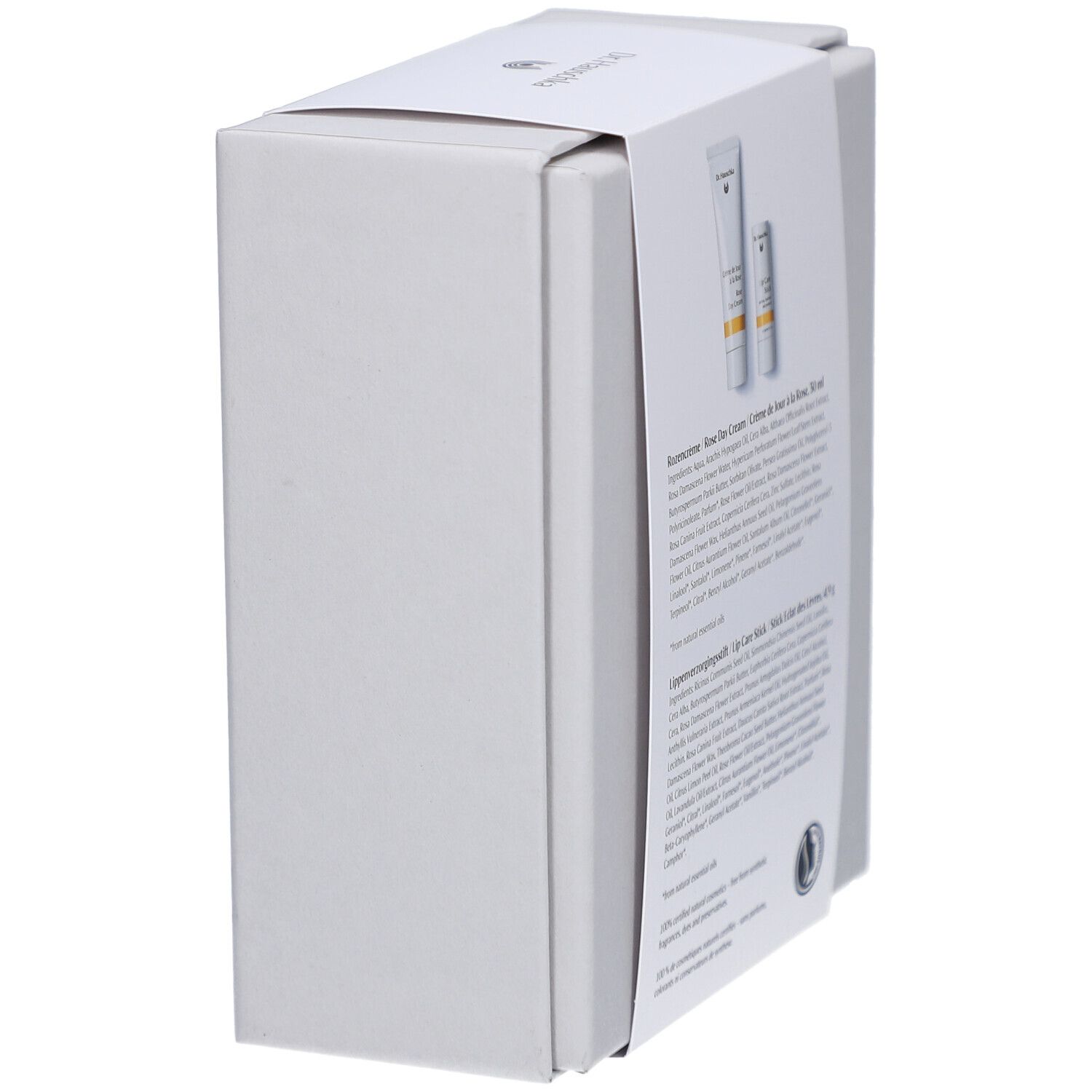 Boîte blanche, vue latérale. Étiquette avec texte et deux produits illustrés.