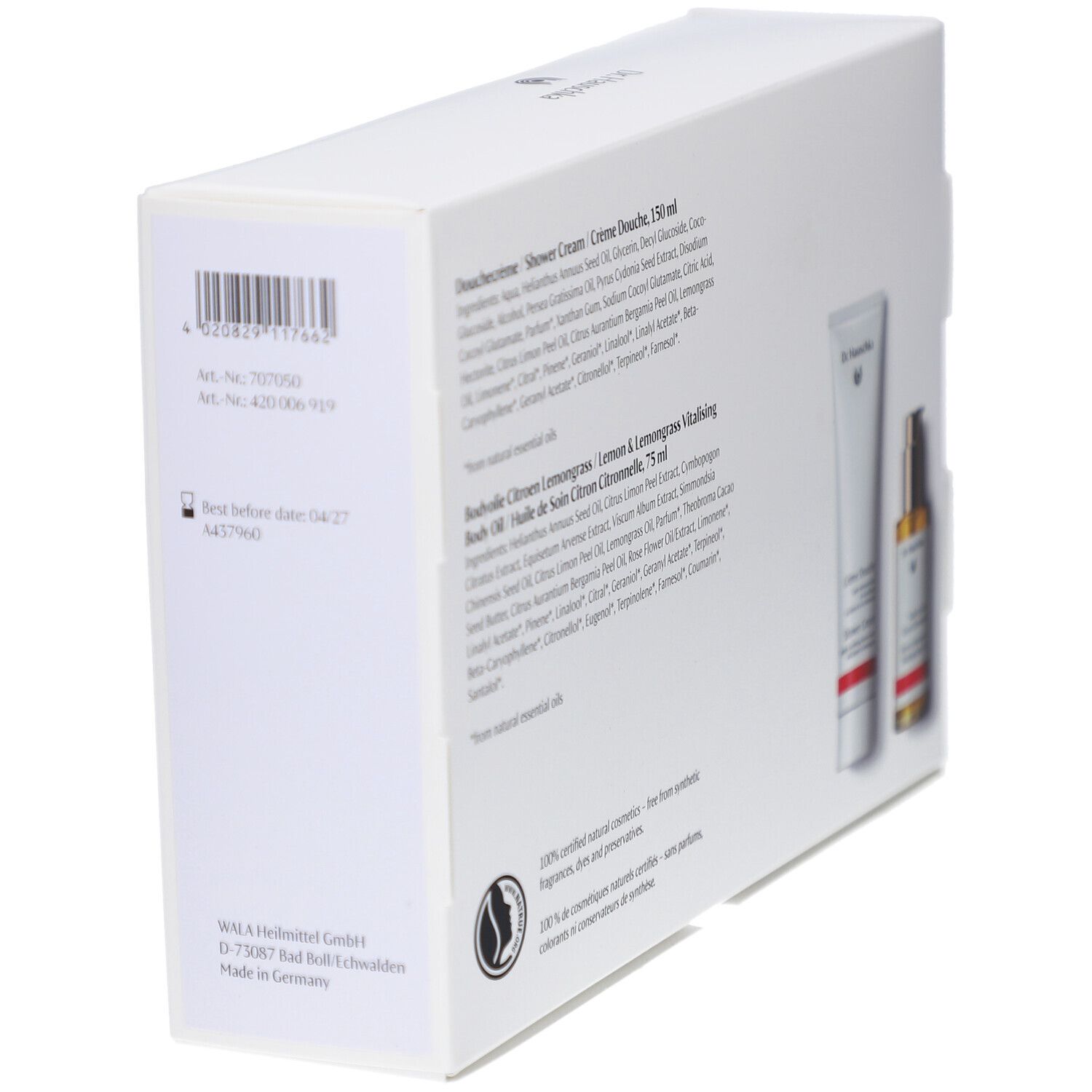 Dos de la boîte cadeau avec informations sur le produit. Contient: Crème Douche, Huile Corps. Avec code-barres.