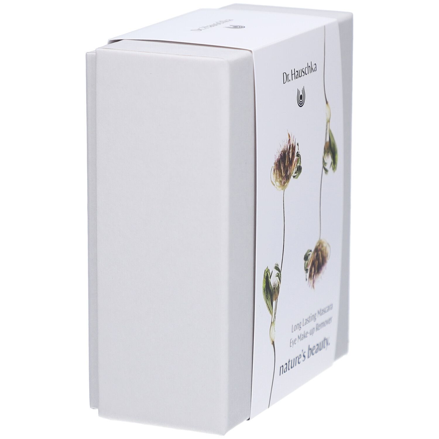 Boîte blanche, vue latérale. Inscription: Dr. Hauschka, Long Lasting Mascara, Eye Make-up Remover, nature's beauty.