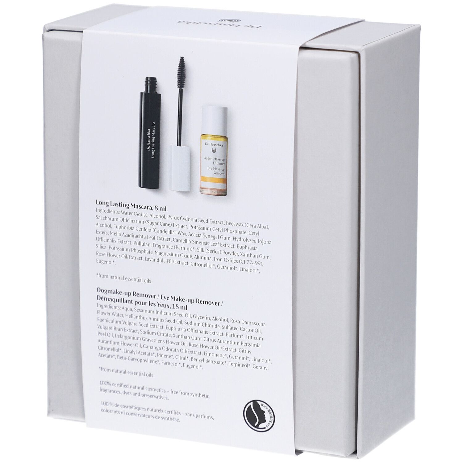 Dos de l'emballage avec informations sur le produit. Contient du mascara et du démaquillant pour les yeux. Texte en allemand.