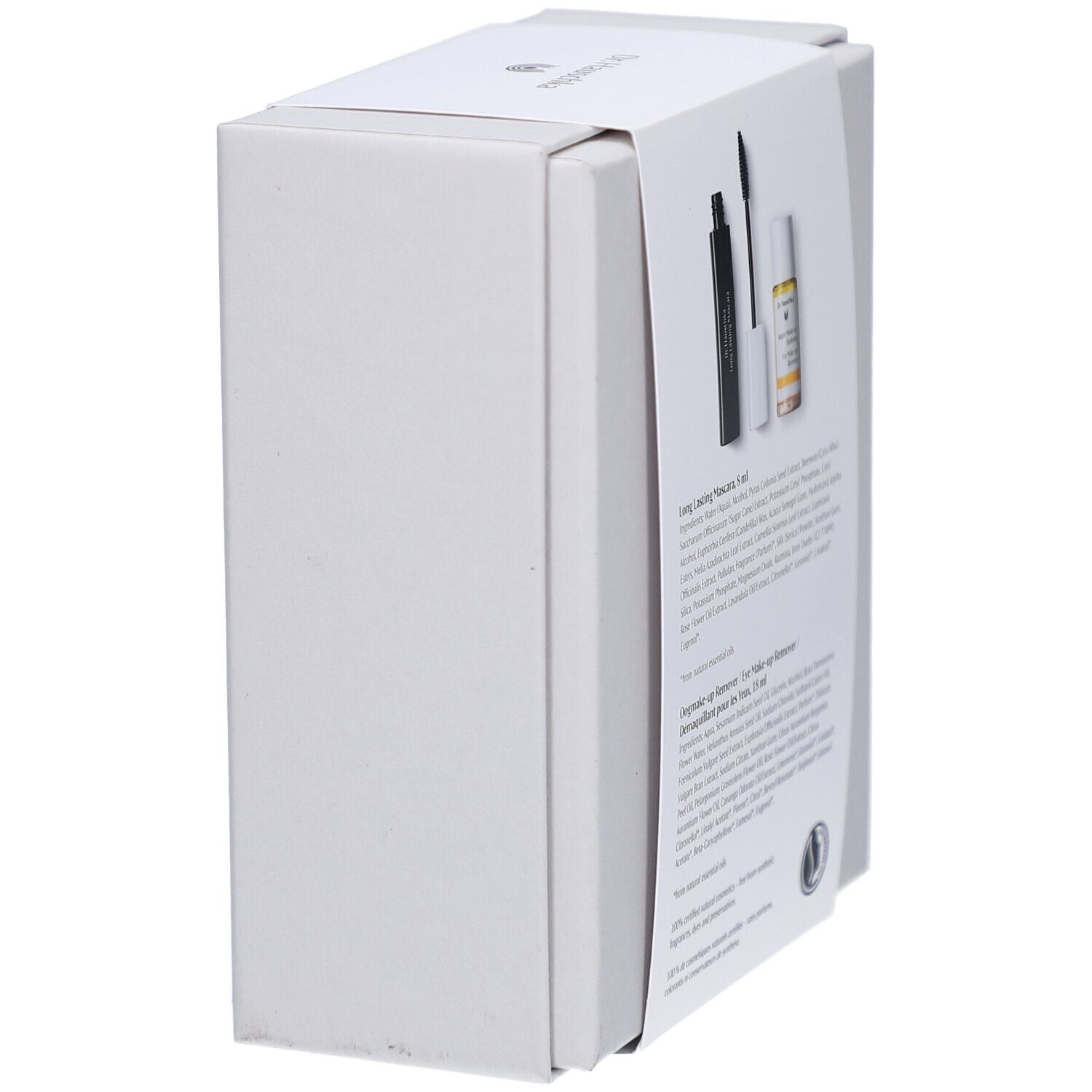 Boîte blanche, vue latérale avec informations sur le produit. Contient du mascara et du démaquillant pour les yeux. Texte en allemand.