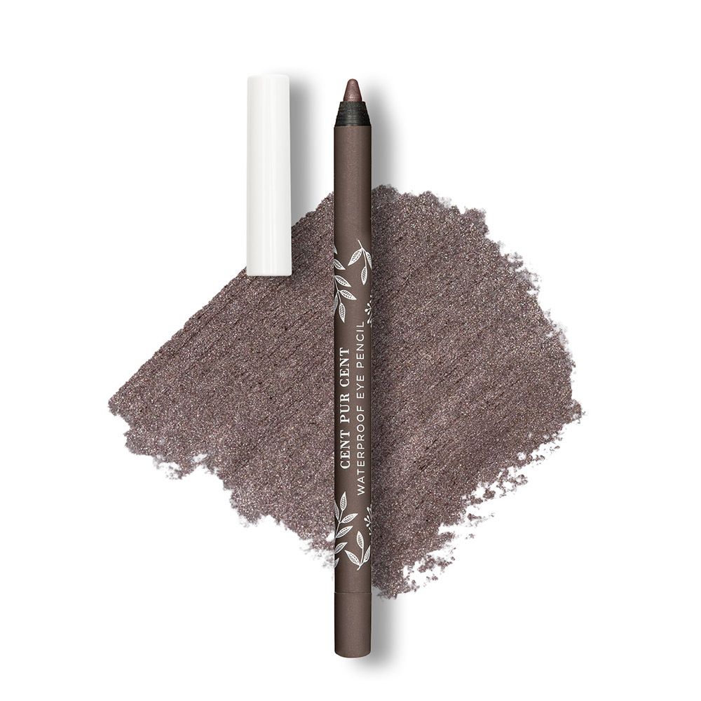 Crayon et échantillon de couleur. Crayon: marron, capuchon blanc. Inscription: "CENT PUR CENT WATERPROOF EYE PENCIL".