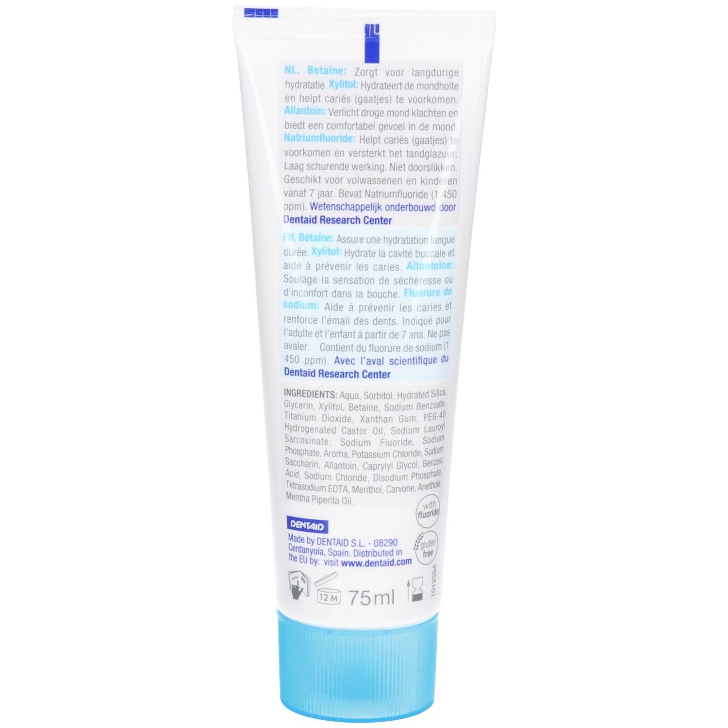 Arrière d'un tube de dentifrice Vitis avec ingrédients et instructions.