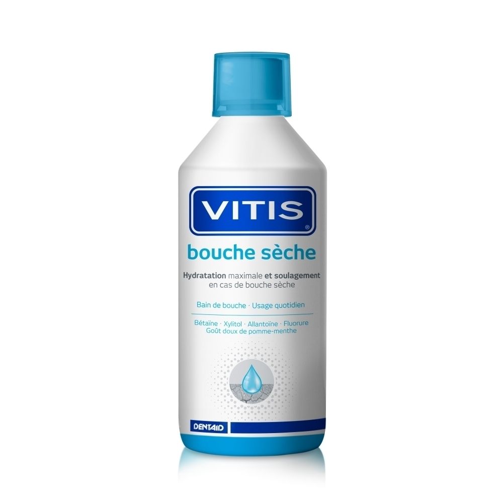 Vitis Bouche Sèche bain de bouche, bouteille blanche avec bouchon et étiquette bleus.