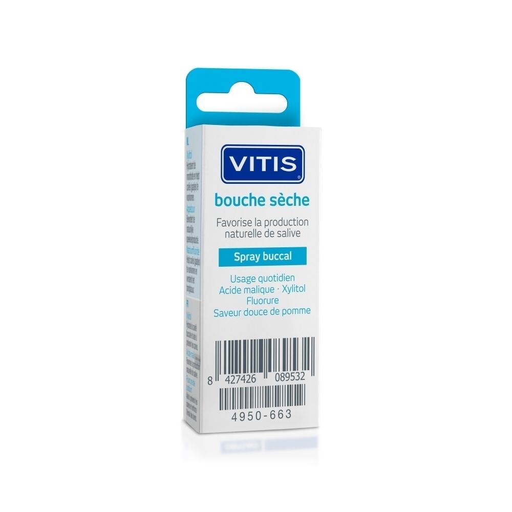 Vitis Spray buccal pour bouche sèche. Favorise la production naturelle de salive. Saveur pomme.