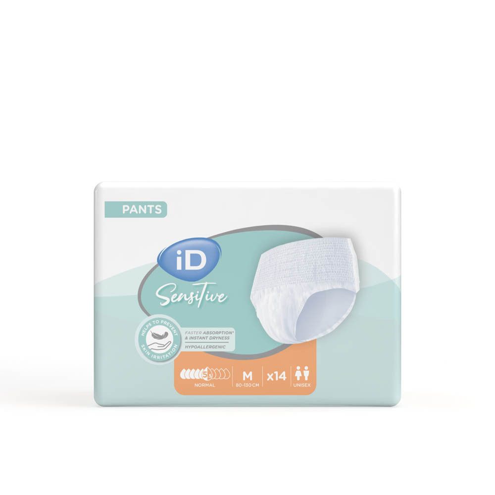 iD Sensitive Pants Normal M. Paquet avec logo, nom du produit et informations de taille. Contient 14 pièces. Unisexe.