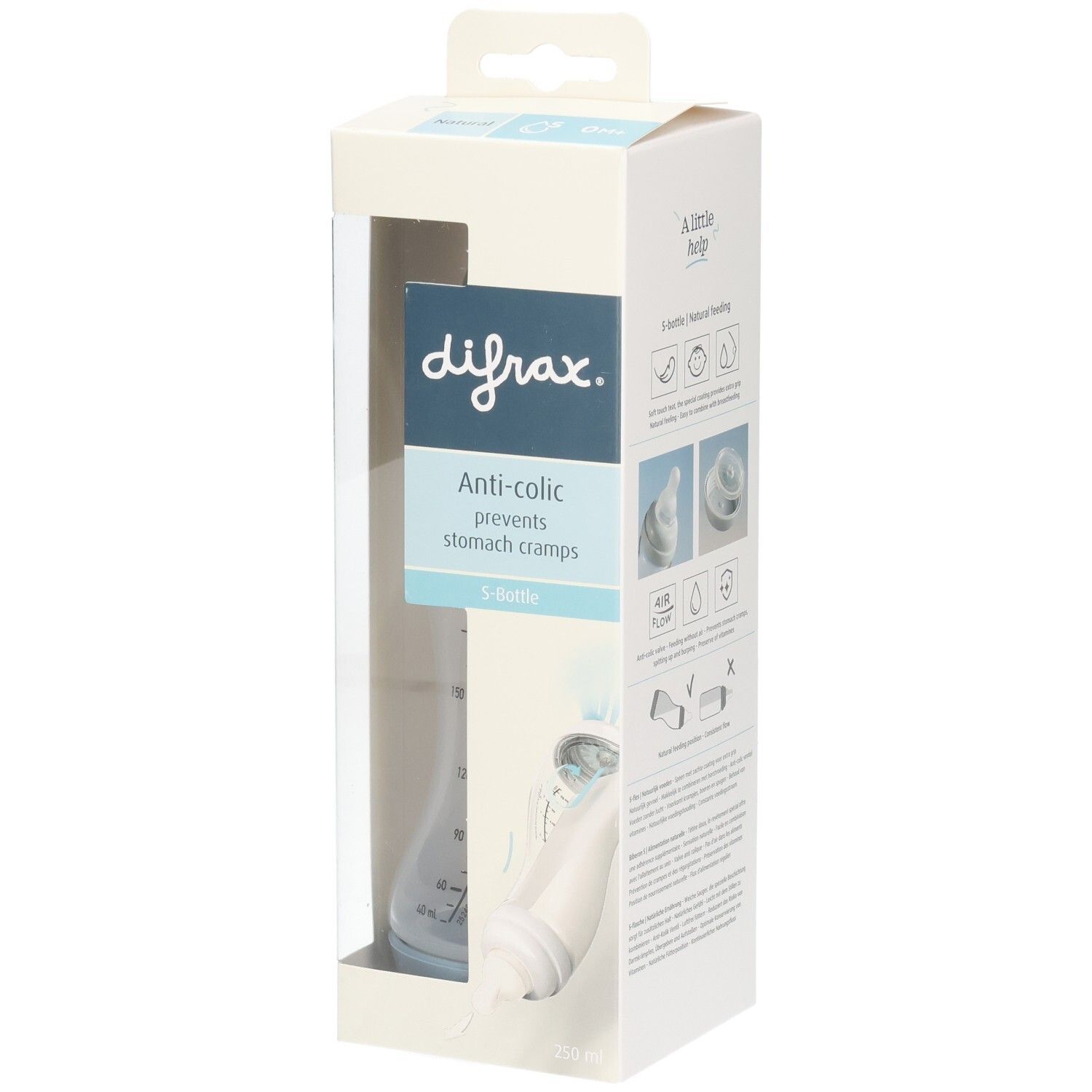 Biberon dans son emballage. Visible: logo difrax, Anti-colic, S-biberon. Emballage avec fenêtre.