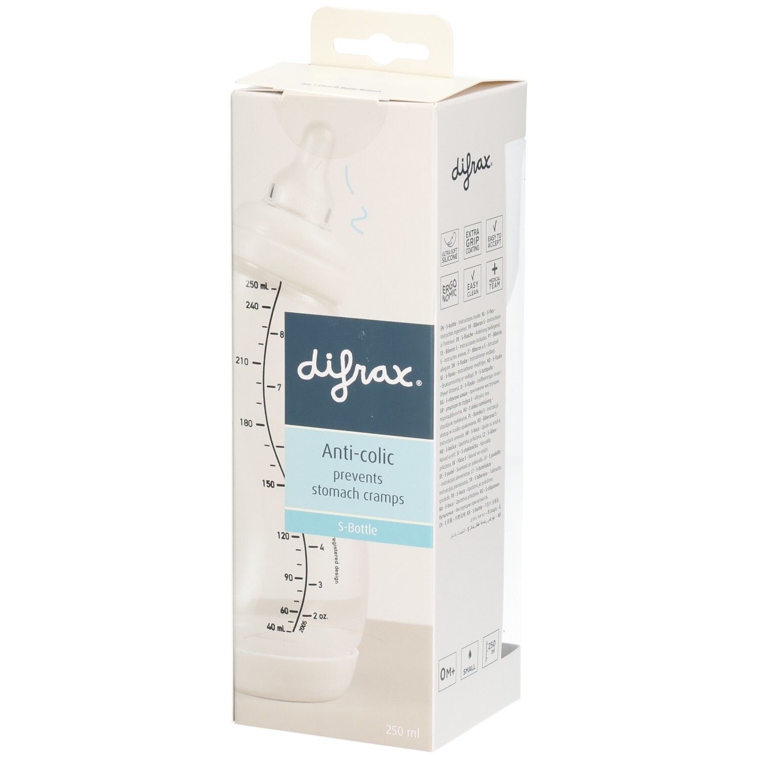 Biberon dans son emballage. Visible: logo difrax, Anti-colic, S-biberon. Tétine visible.