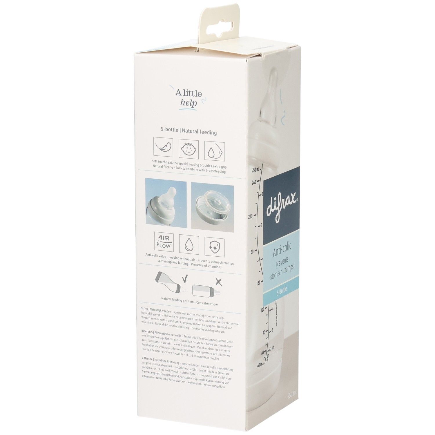 Emballage avec illustrations de biberons. Visible: logo difrax, Anti-colic, S-biberon. Texte.