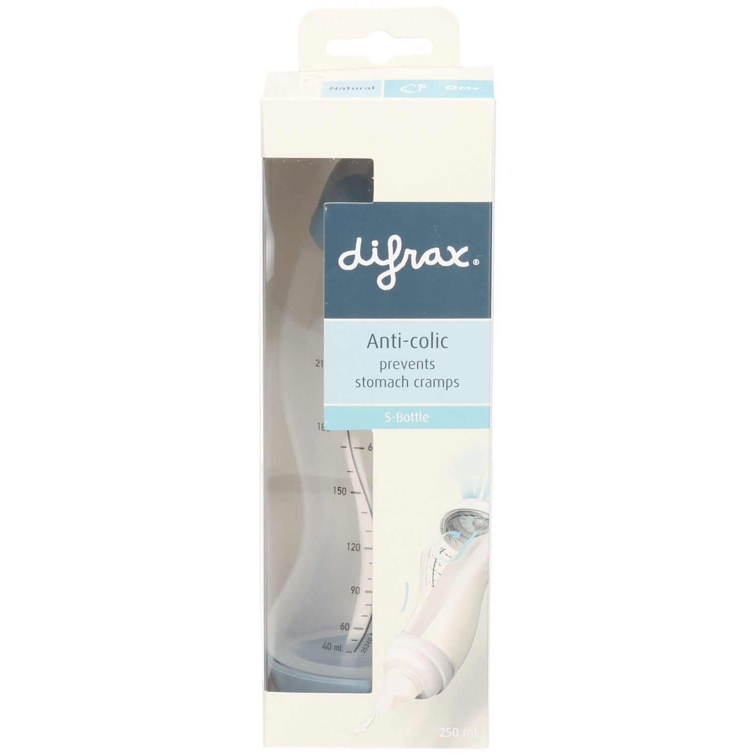 Biberon dans son emballage. Visible: logo difrax, Anti-colic, S-biberon. Échelle de mesure.