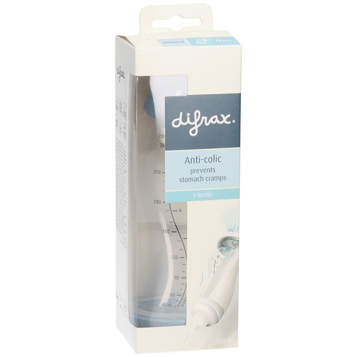 Biberon dans son emballage. Visible: logo difrax, Anti-colic, S-biberon. Tétine visible.