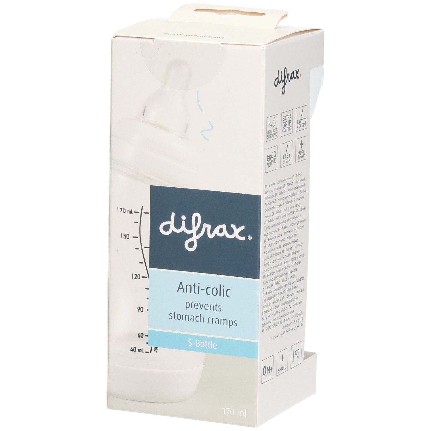 Emballage de biberon. Marque : difrax. Texte : Anti-colique, prévient les crampes d'estomac. Biberon en S. Fenêtre.