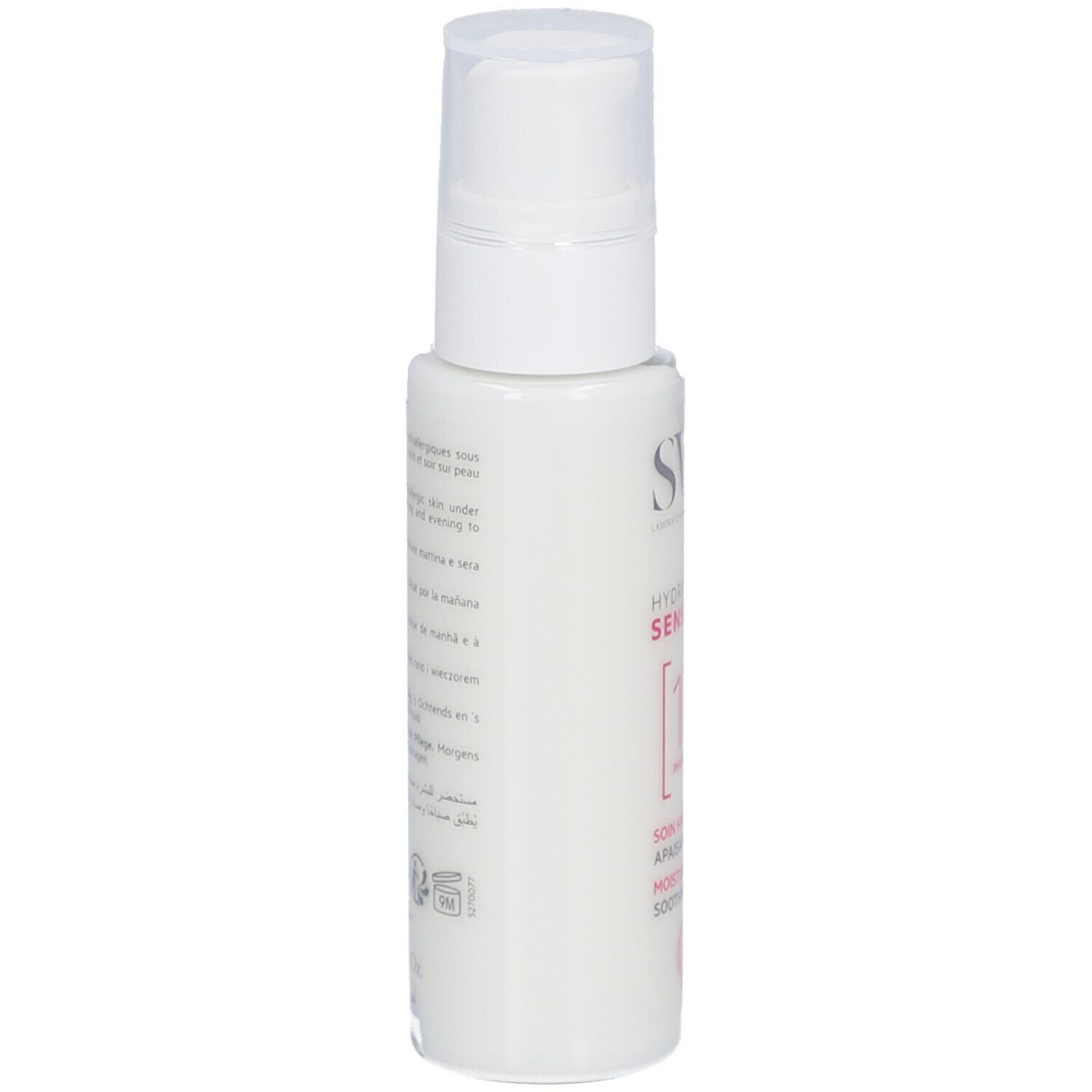 Flacon blanc avec texte au dos. Texte en plusieurs langues. Logo avec deux serpents.