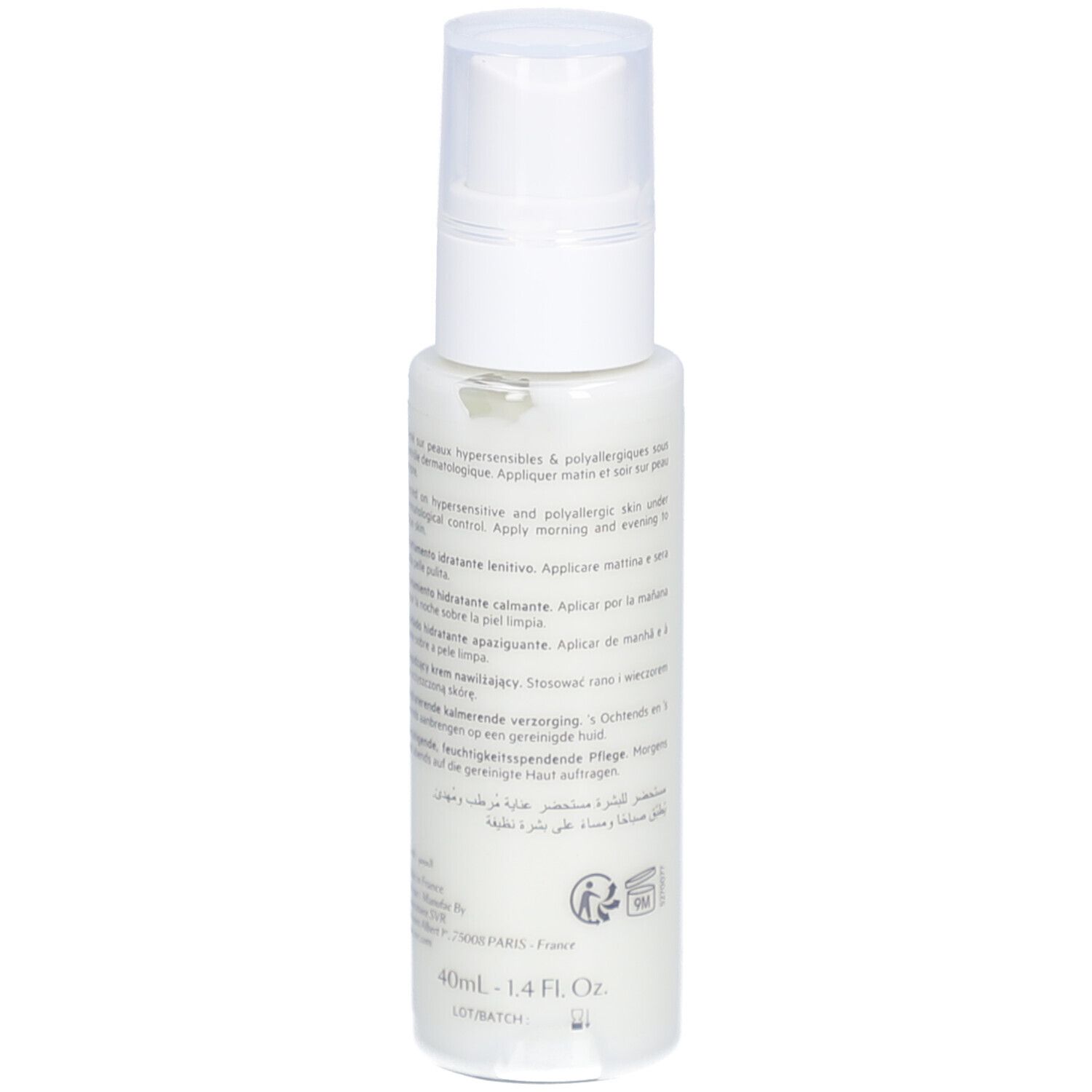 Flacon blanc avec texte au dos. Texte en plusieurs langues. Volume: 40ml - 1.4 Fl. Oz.