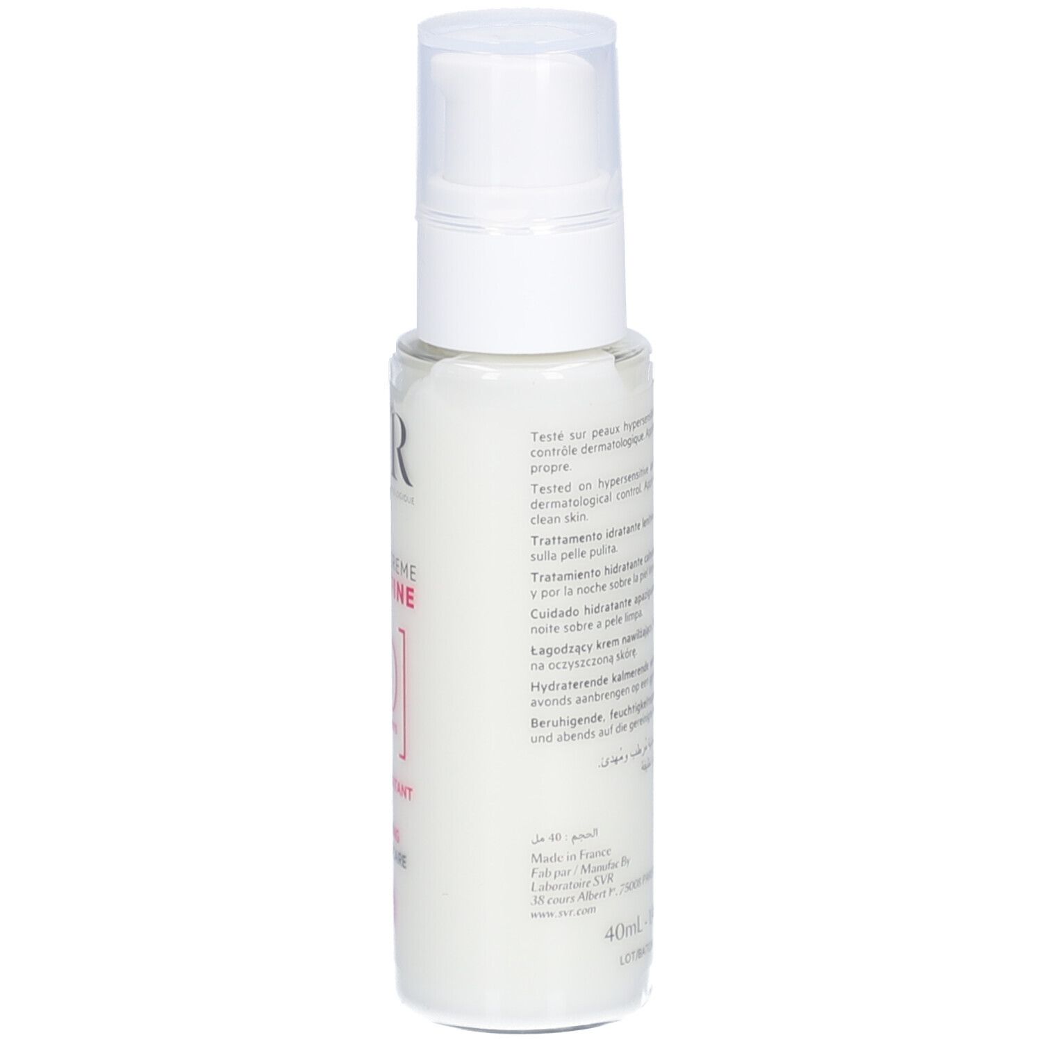 Flacon blanc avec texte au dos. Texte en plusieurs langues. Fabriqué en France. Volume: 40ml.