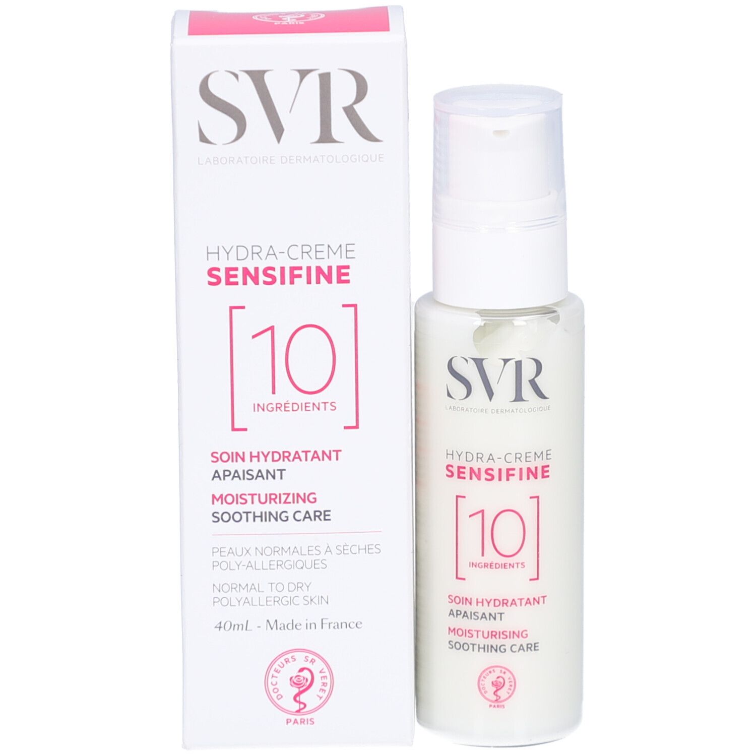 Emballage et flacon. Inscription: SVR, Hydra-Crème Sensifine [10]. Texte: Soin hydratant apaisant, Moisturising soothing care.