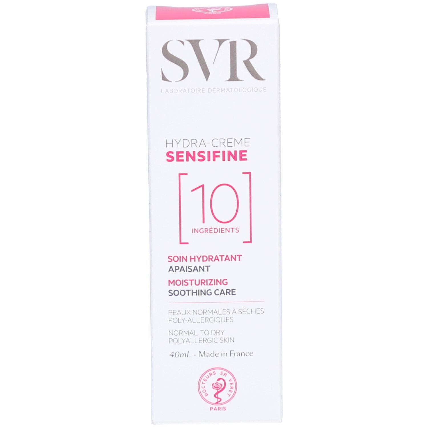 Emballage du produit. Inscription: SVR, Hydra-Crème Sensifine [10]. Texte: Soin hydratant apaisant, Moisturising soothing care.