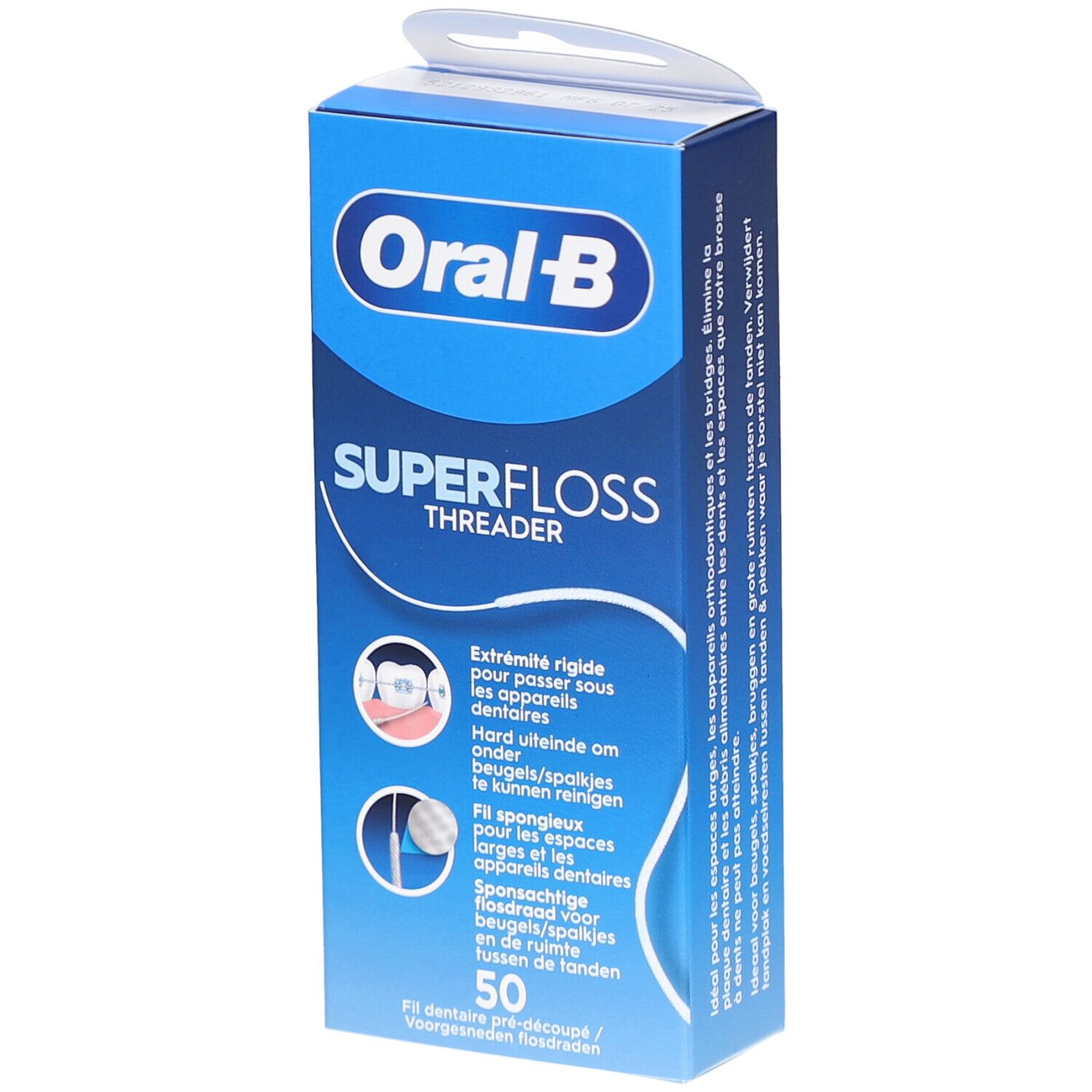 Boîte Oral-B Superfloss Threader. Bleue, avec nom du produit et illustrations. Contient 50 fils dentaires.