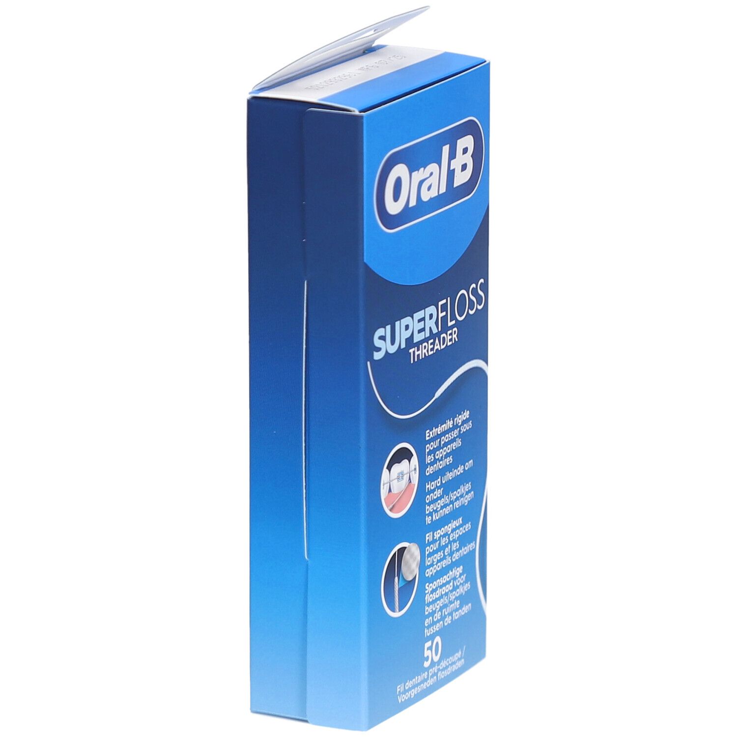 Emballage bleu Oral-B Superfloss Threader. Nom du produit et logo visibles. Contient 50 fils.