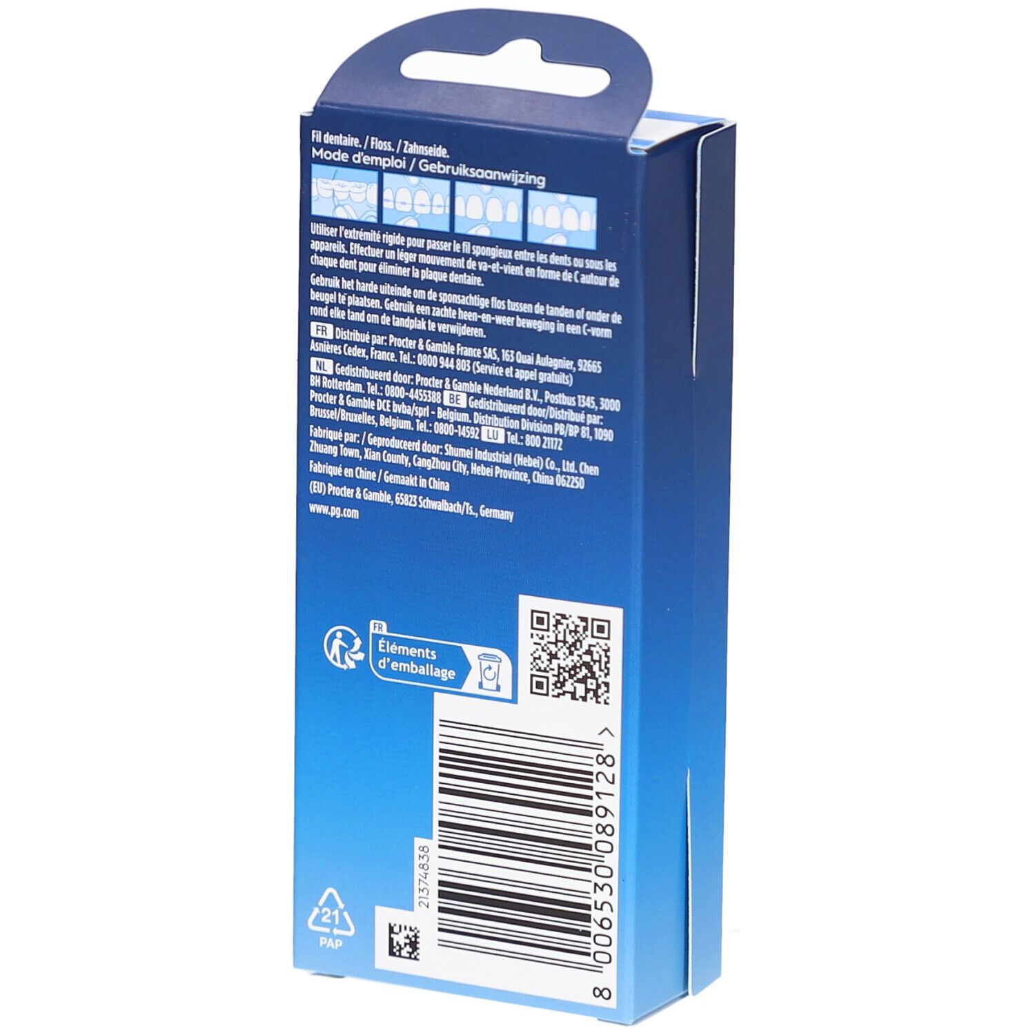 Dos de la boîte Oral-B Superfloss Threader. Texte et code-barres visibles. Contient des informations d'utilisation.