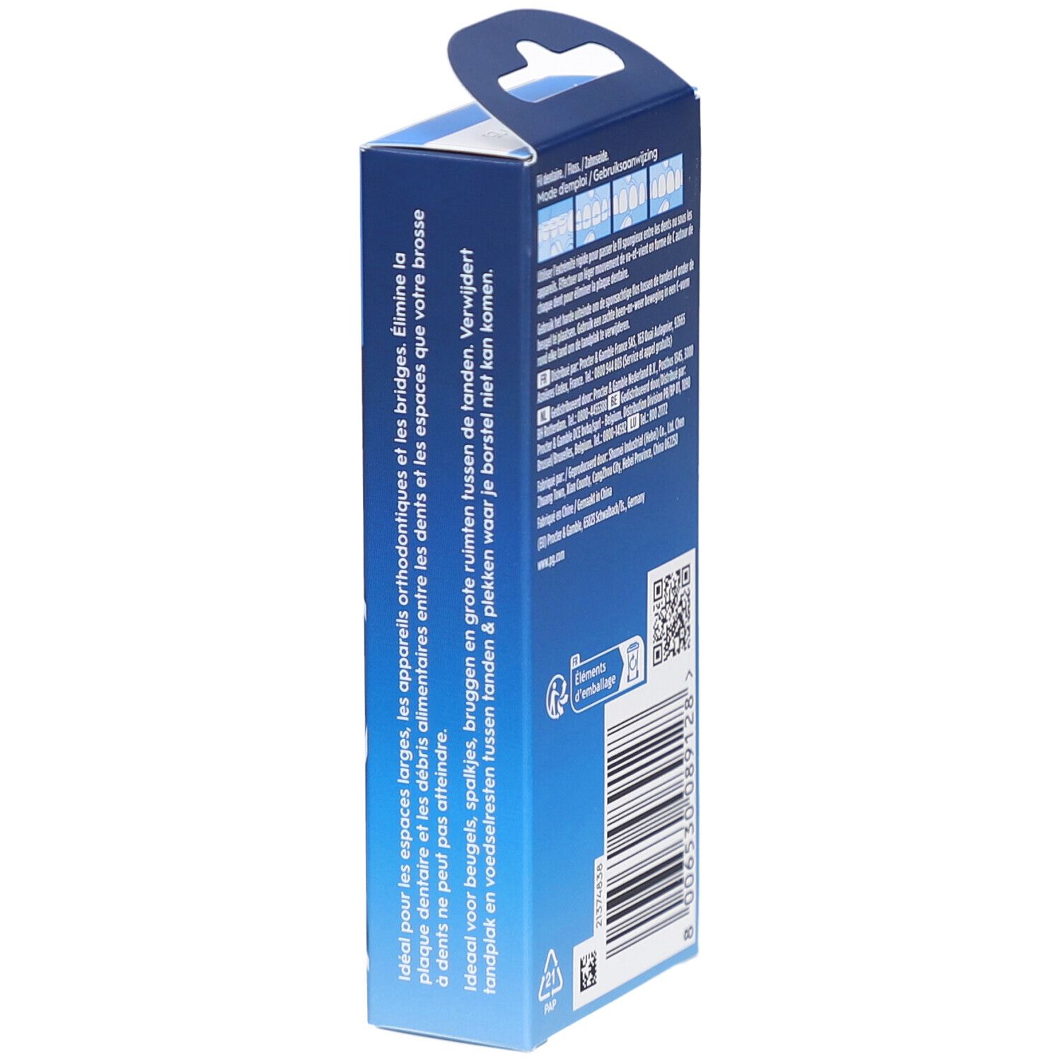 Vue latérale de la boîte Oral-B Superfloss Threader. Texte et logo visibles. Contient des informations d'utilisation.