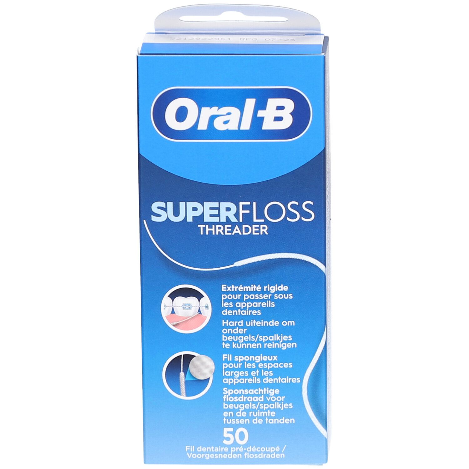 Boîte Oral-B Superfloss Threader. Bleue, avec nom du produit et illustrations. Contient 50 fils dentaires.