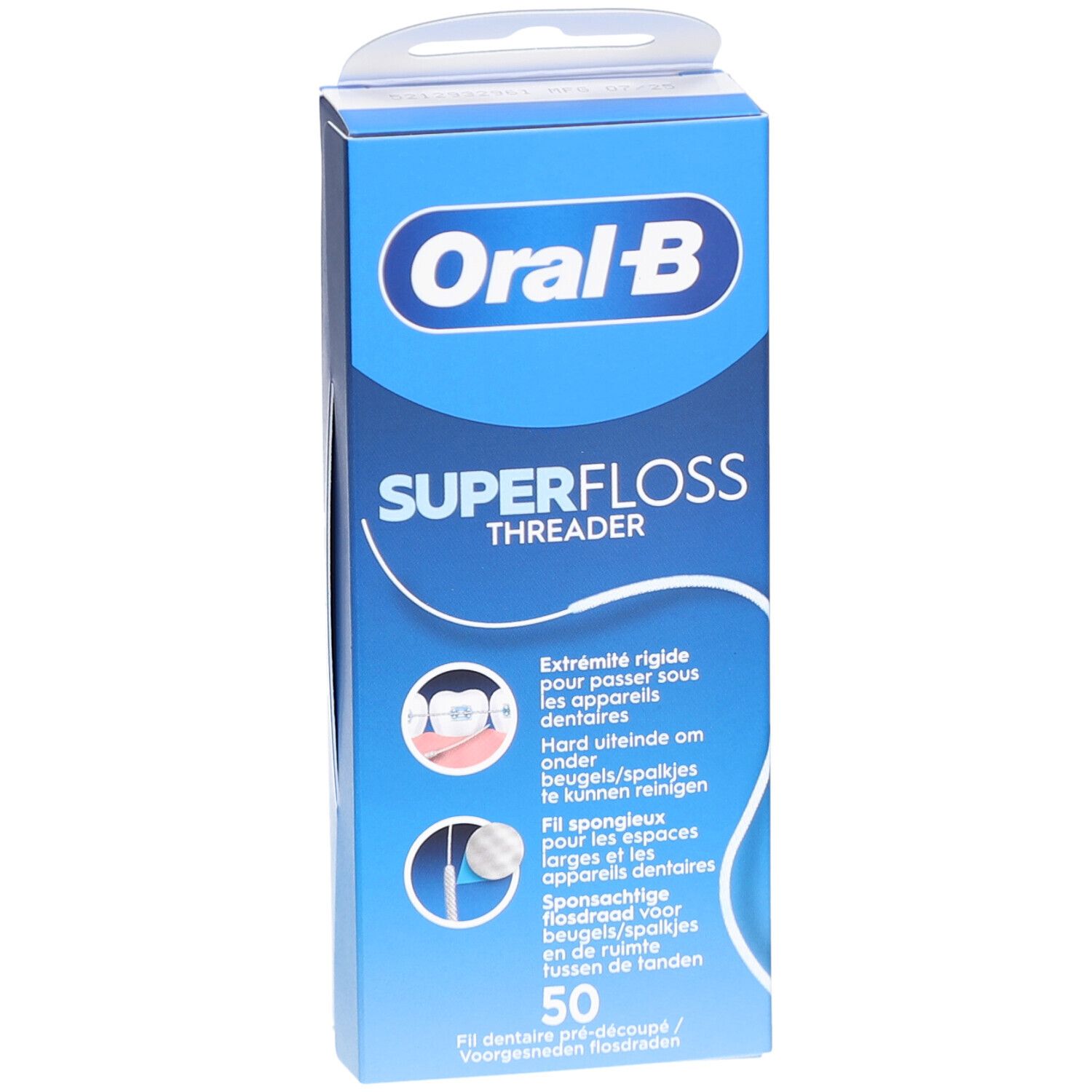 Boîte Oral-B Superfloss Threader. Bleue, avec nom du produit et illustrations. Contient 50 fils dentaires.