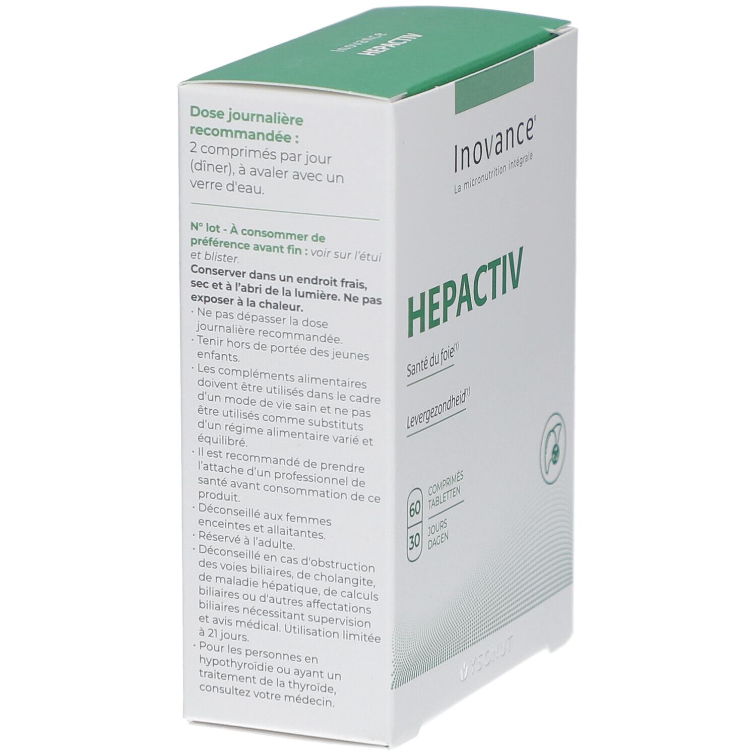 Boîte blanche et verte Inovance Hepactiv. Texte: posologie, stockage, avertissements. Vue arrière.