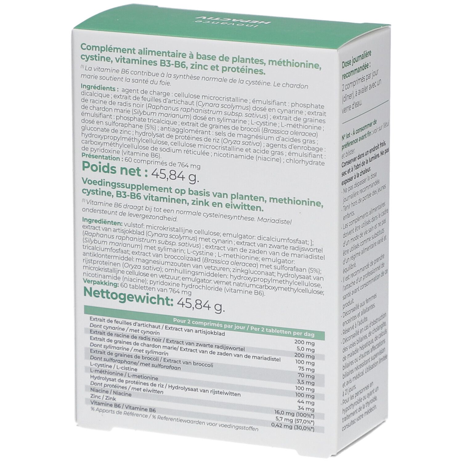 Dos de la boîte blanche et verte. Texte: ingrédients, informations nutritionnelles, poids net 45,84 g.