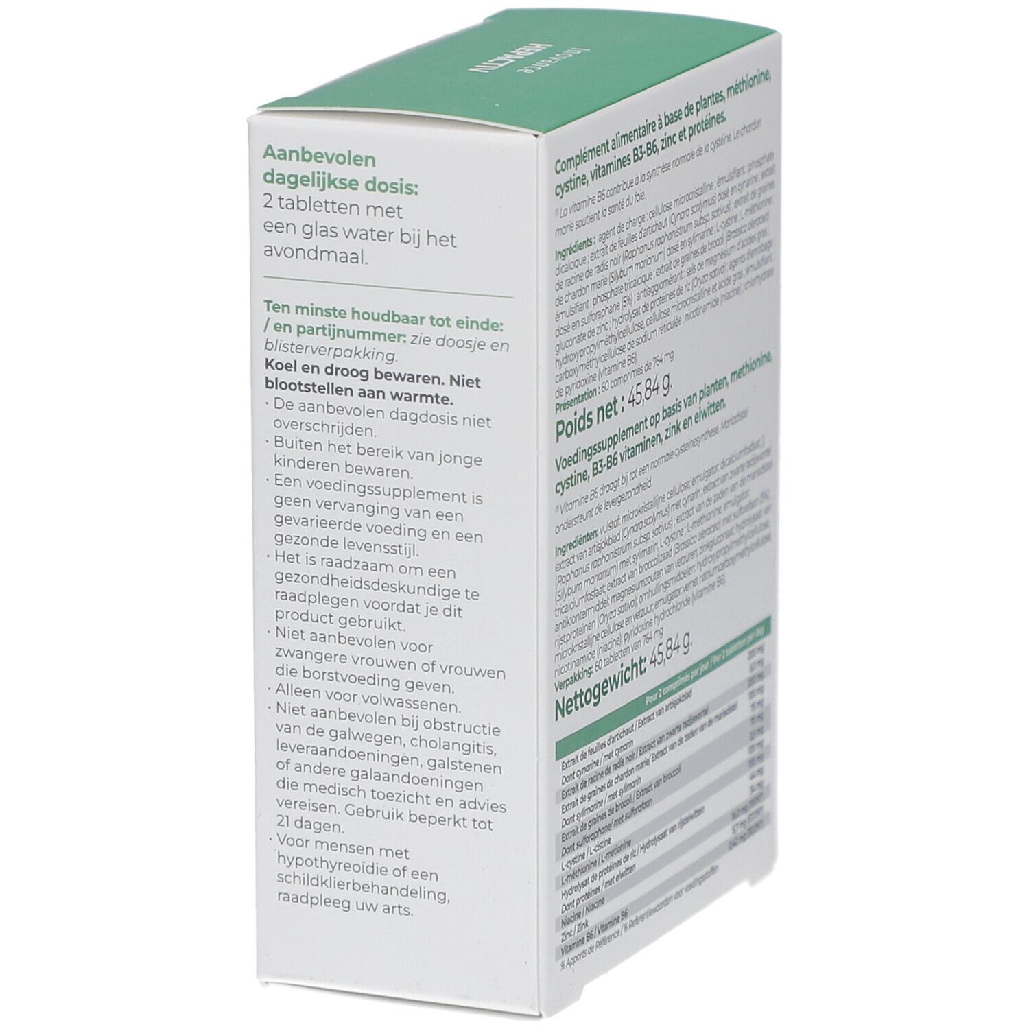 Dos de la boîte blanche et verte. Texte: posologie, avertissements, date de péremption.