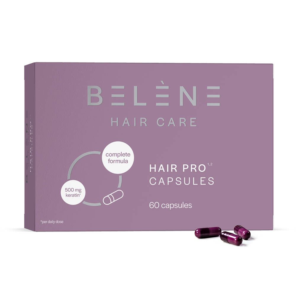 Boîte lilas "BELÈNE HAIR CARE" et "HAIR PRO CAPSULES". 3 capsules à côté.