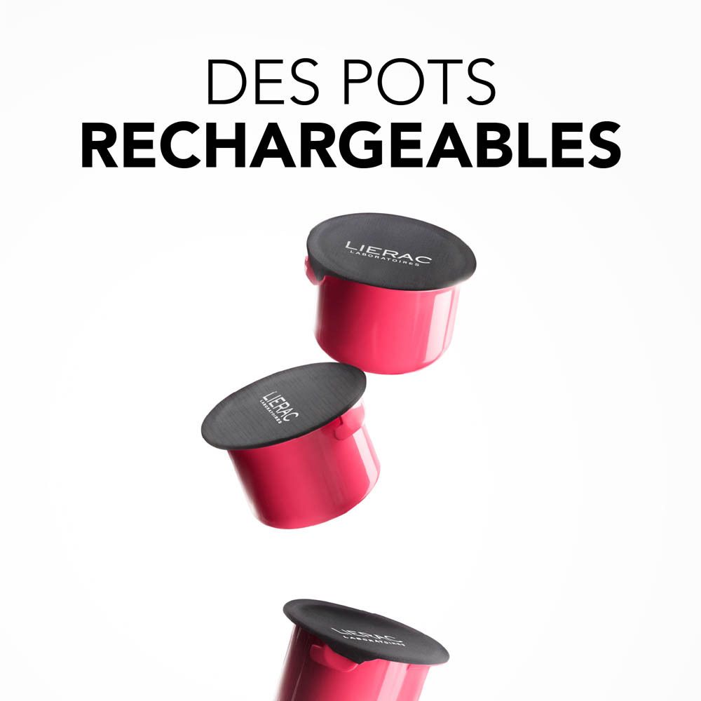 Trois récipients roses avec couvercle noir. Inscriptions : Lierac. Produit de soin de la peau.
