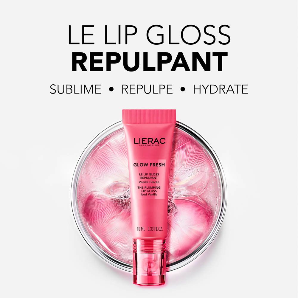 Lierac Glow Fresh Lipgloss en tube rose avec applicateur transparent, sur fond blanc.