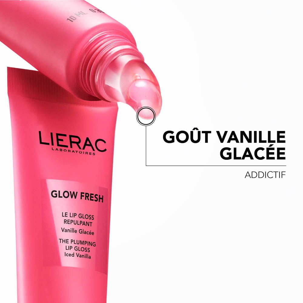 Tube et applicateur Lierac Glow Fresh Lipgloss au goût vanille glacée. "Goût Vanille Glacée".