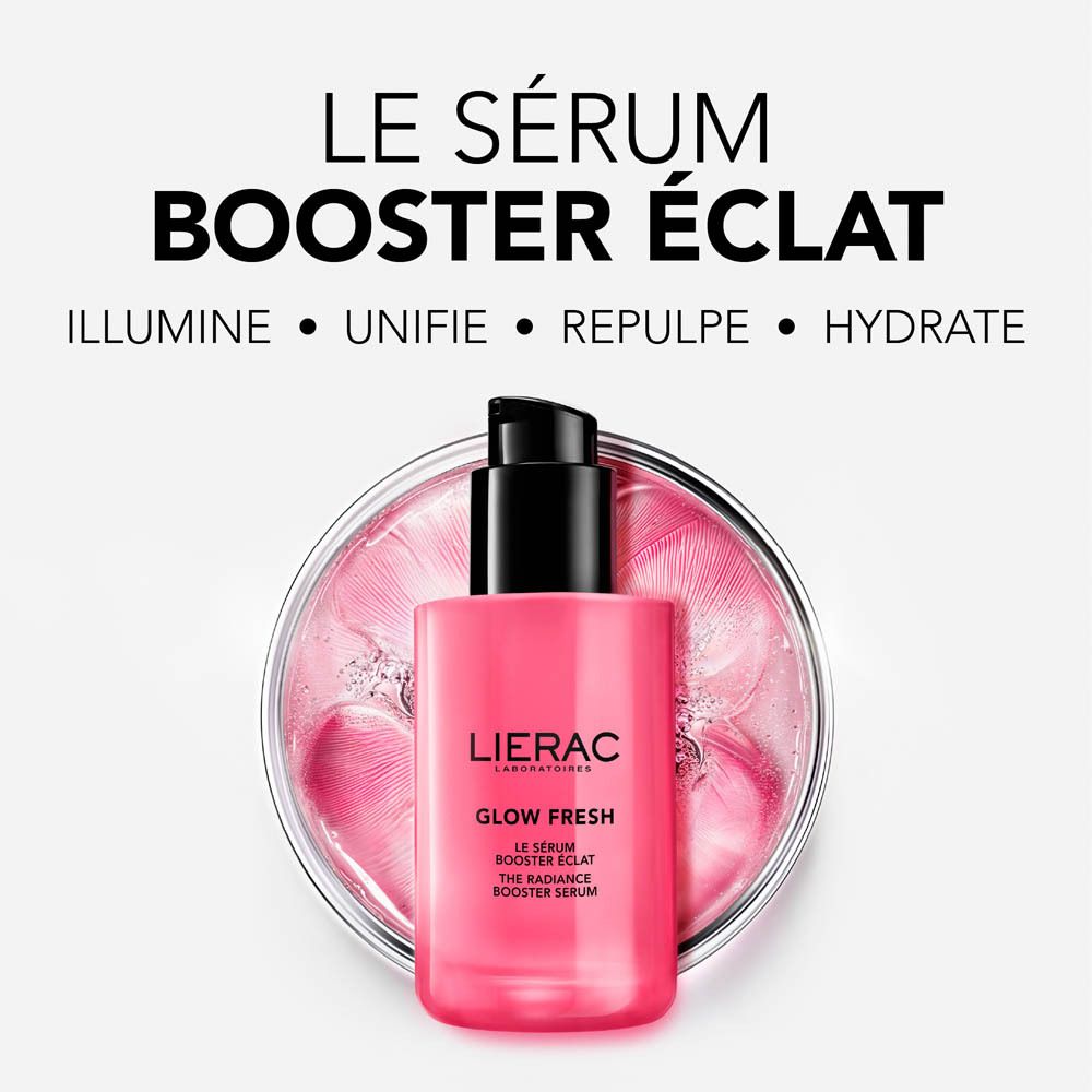 Produit en flacon rose avec pompe noire. Inscription : Lierac, Glow Fresh.