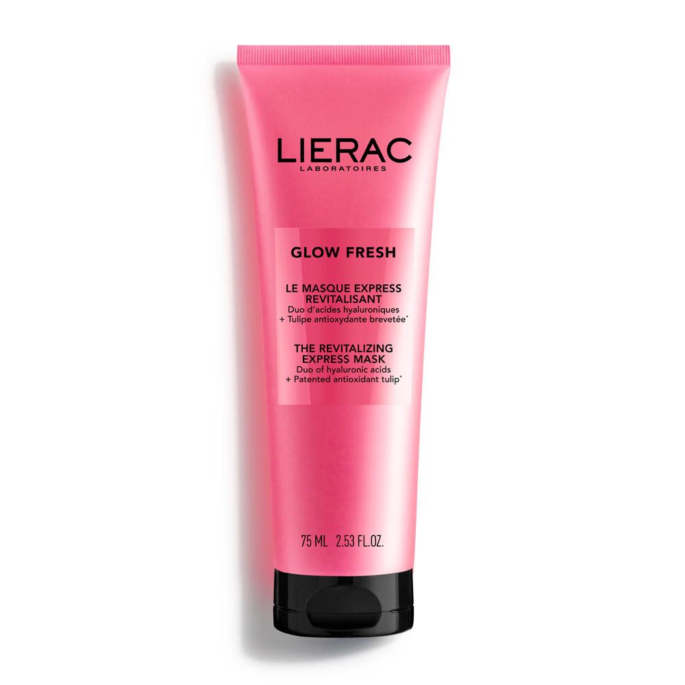 Tube rose avec bouchon noir. Inscription: LIERAC, GLOW FRESH, LE MASQUE EXPRESS REVITALISANT, 75 ml.