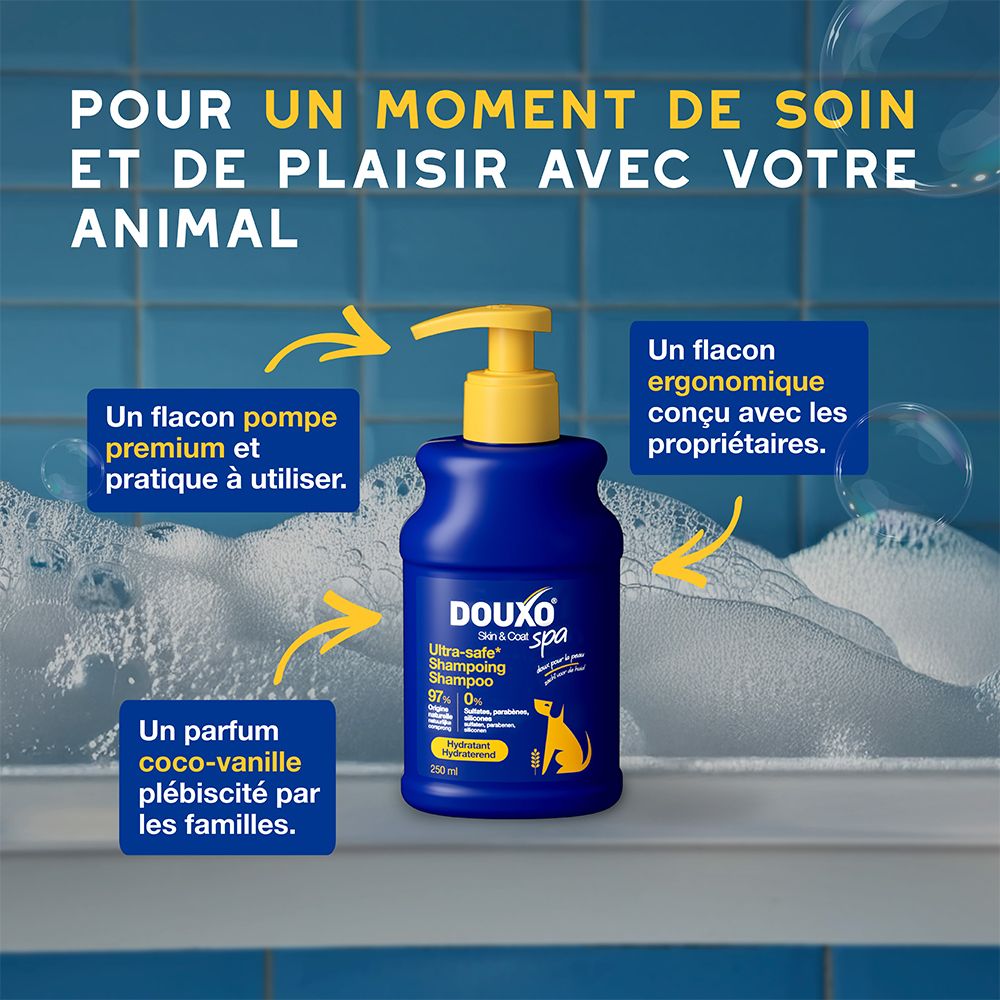 Flacon de shampooing bleu avec pompe jaune. Texte: Pour un moment de soin et de plaisir.