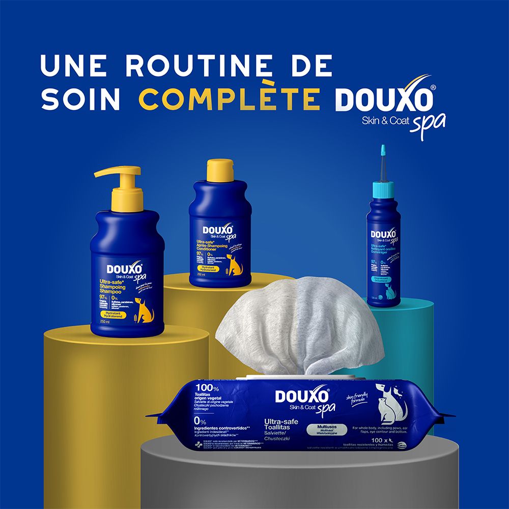 Différents produits DOUXO Skin & Coat spa. Texte: Une routine de soin complète.