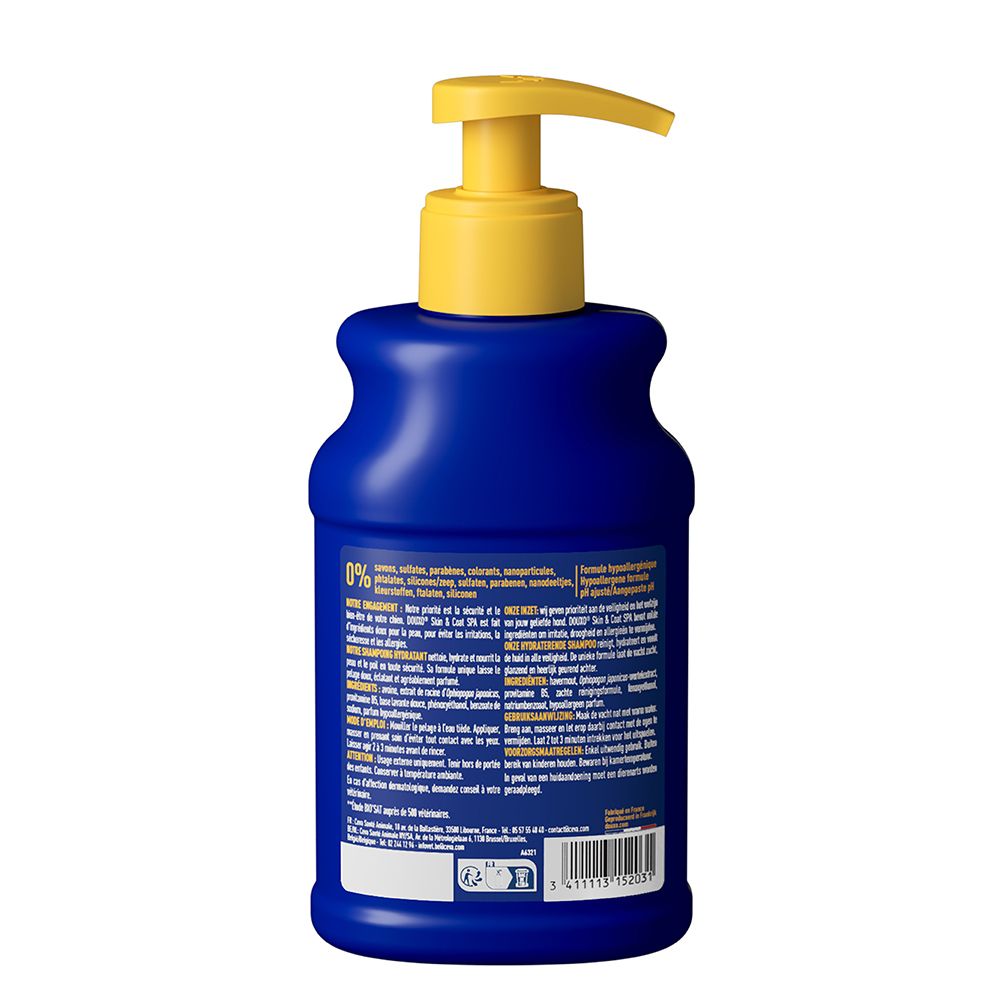 Dos du flacon bleu avec pompe jaune. Texte et logos. Shampooing DOUXO Skin & Coat spa.