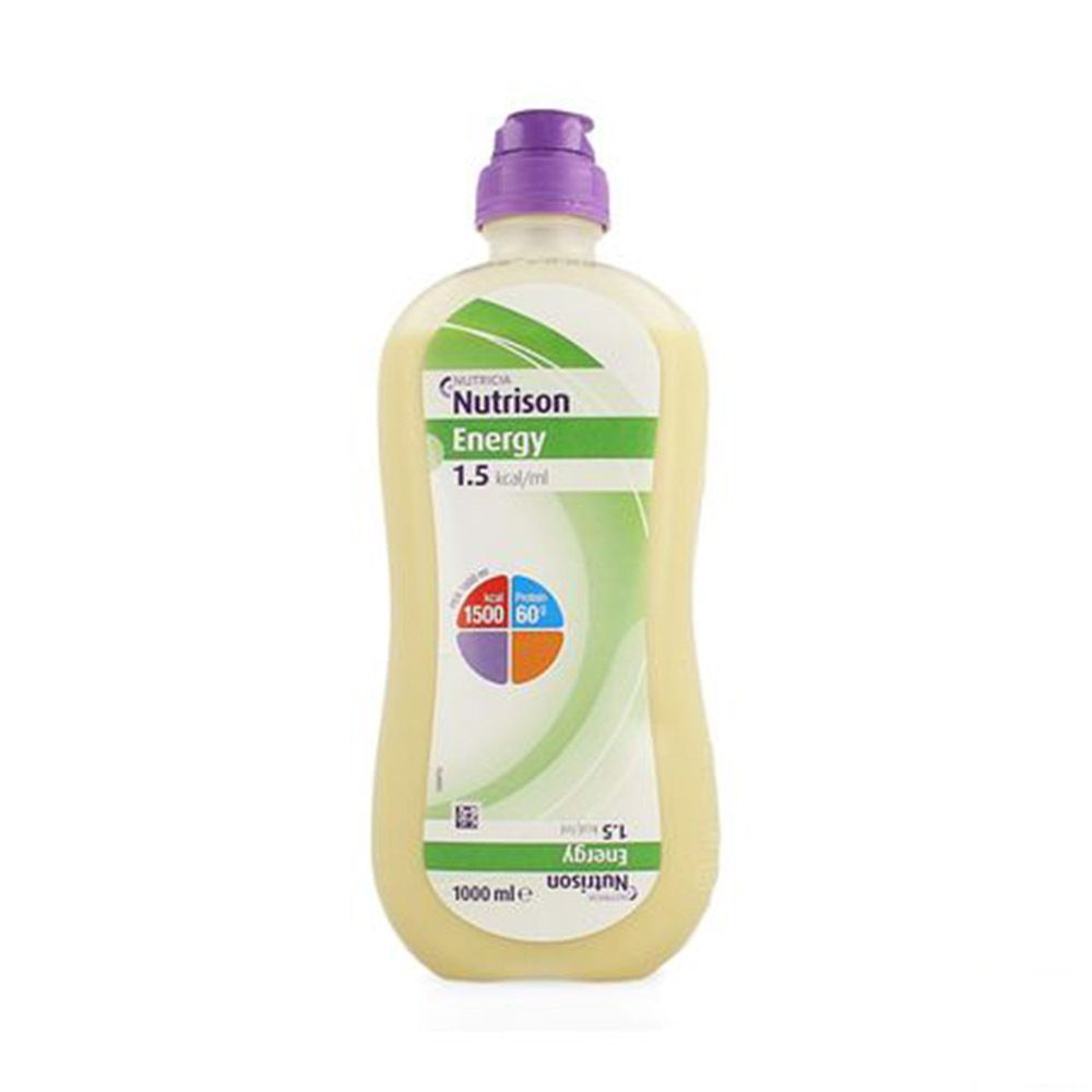 Bouteille Nutricia Nutrison Energy. Étiquette verte et blanche avec nom et informations nutritionnelles. Bouchon violet. 1000 ml.