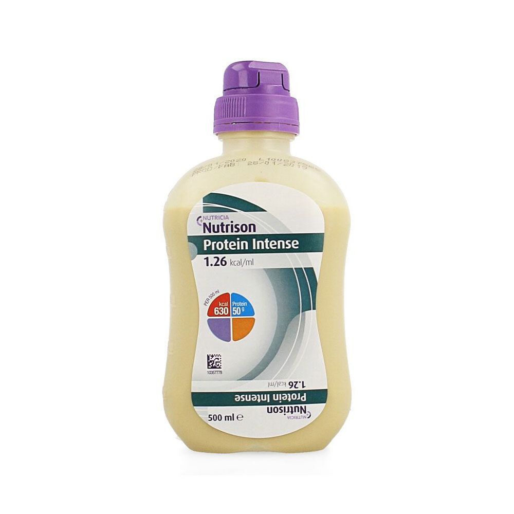 Bouteille avec bouchon violet. Inscription: Nutrison Protein Intense 1.26 kcal/ml. Graphiques colorés avec informations nutritionnelles. 500 ml.